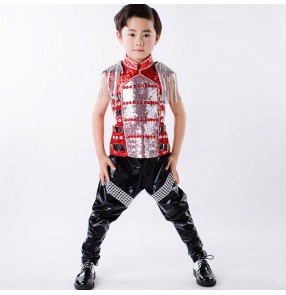Sequins fringes leather boys kids children fashion stage performance jazz hip hop school play dancing costumes outfits
